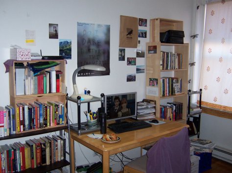 Workspace from my graduate student days, featuring bookshelves, a desk and computer, photographs, posters, and piles of paper. Photo by the Anna J. Clutterbuck-Cook, circa December 2009.
