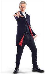 Peter Capaldi in his costume for Doctor Who (BBC promotional shot). Capaldi stands in a fencing pose with his right hand extended toward the viewer, fingers pointing. The suit is black and finely tailored with a red satin lining.